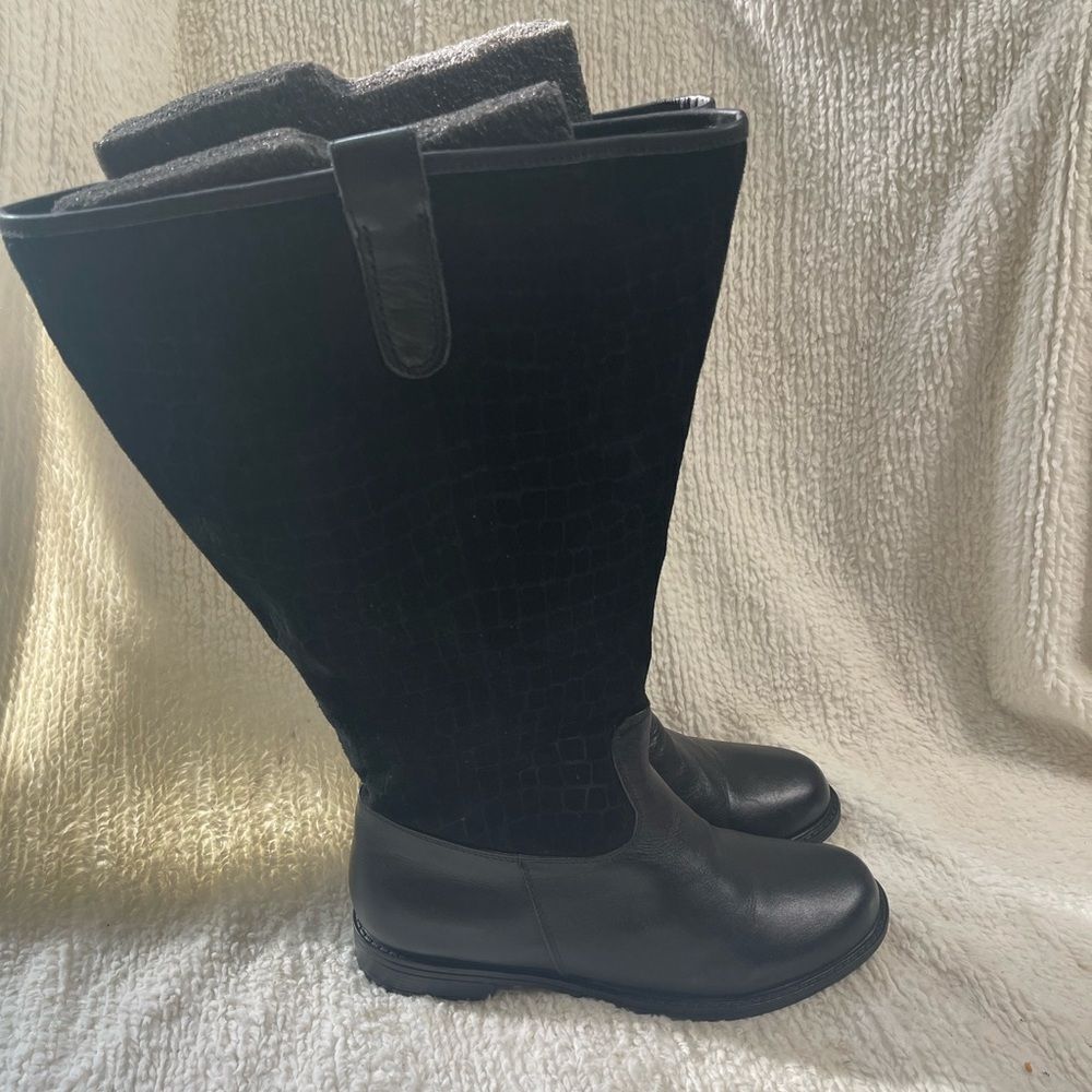 David Tate Womens Leather Black Calfskin embossed suede knee high Boots SZ 10:5W